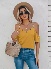 SHEIN LUNE Cold Shoulder Chain Button Detail Tee - Mustard Yellow - View 1