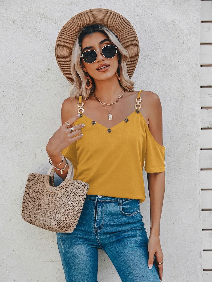 SHEIN LUNE Cold Shoulder Chain Button Detail Tee - Mustard Yellow - View 1