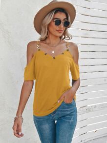 SHEIN LUNE Cold Shoulder Chain Button Detail Tee - Mustard Yellow - View 3