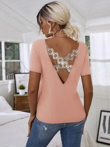 Camiseta con encaje floral con tira cruzada - Rosa Pálido - Ver 2