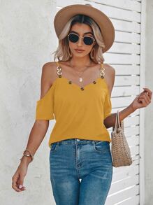 SHEIN LUNE Cold Shoulder Chain Button Detail Tee - Mustard Yellow - View 6