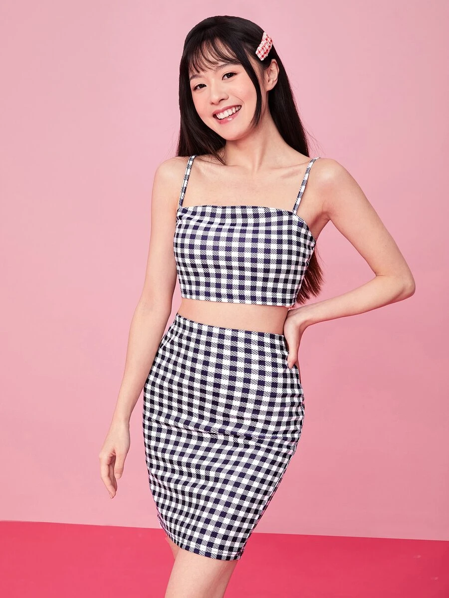 SHEIN Privé Gingham Cropped Cami Top & Mini Skirt Set - Navy Blue - View 1