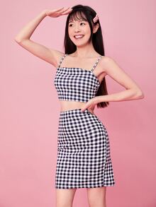 SHEIN Privé Gingham Cropped Cami Top & Mini Skirt Set - Navy Blue - View 5