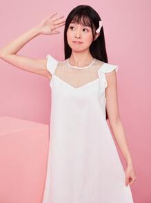 SHEIN Privé Ruffle Armhole Dobby Mesh Yoke Dress - White - View 3