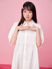 SHEIN Drop Shoulder High-low Hem Shirt Dress - White - View 3