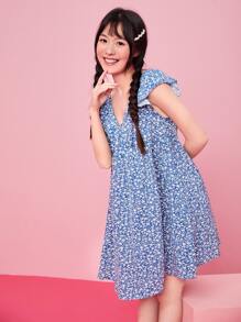 SHEIN Frenchy Ruffle Armhole Ditsy Floral Dress Summer Vacation Flower Blue Beach - Blue - View 3