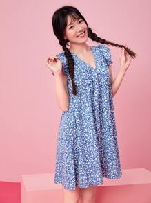 SHEIN Frenchy Ruffle Armhole Ditsy Floral Dress Summer Vacation Flower Blue Beach - Blue - View 5