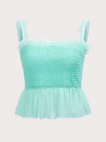 SHEIN MOD Frill Trim Shirred Ruffle Hem Wide Strap Top - Mint Green - View 1