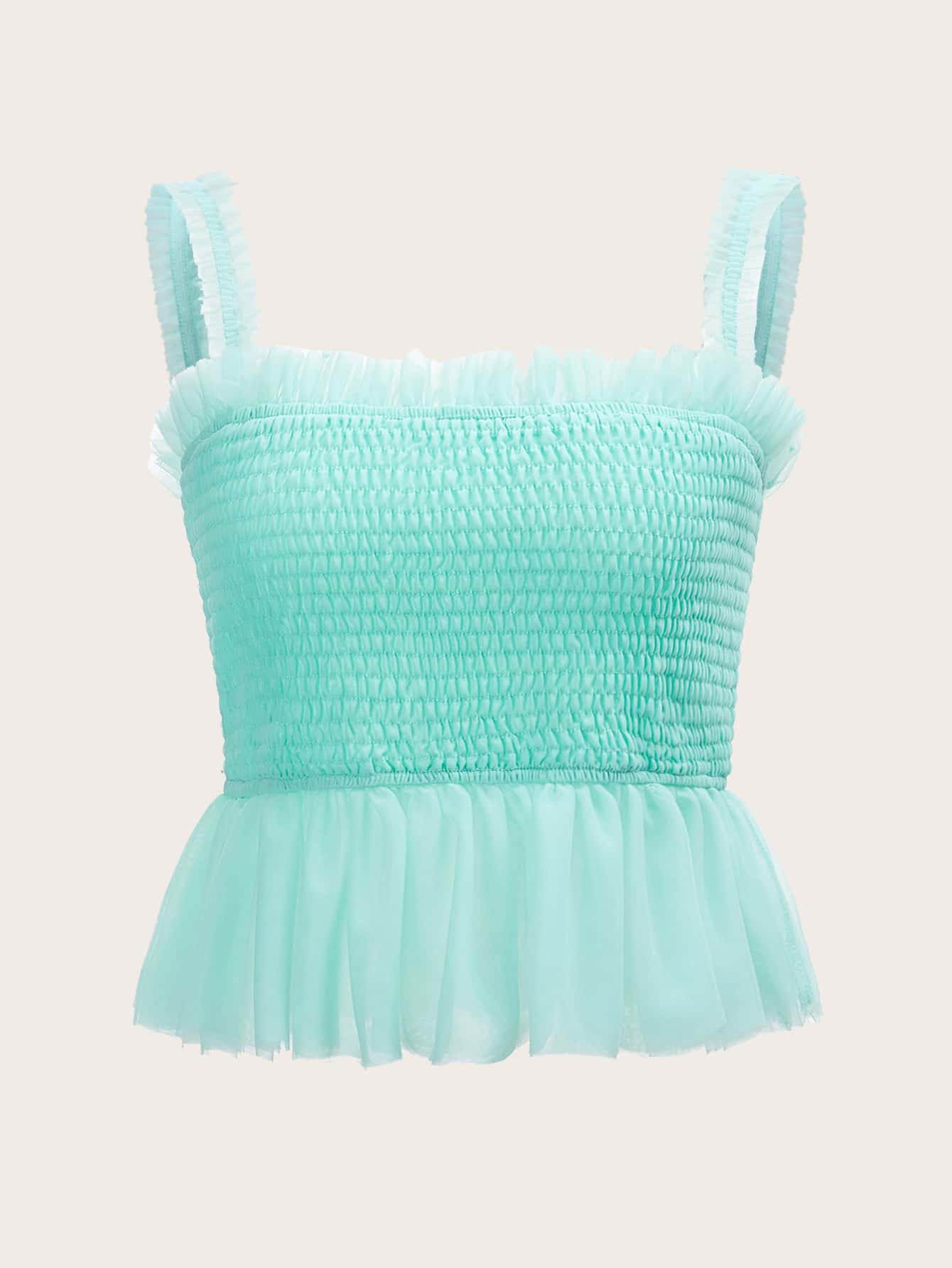 SHEIN MOD Frill Trim Shirred Ruffle Hem Wide Strap Top - Mint Green - View 1