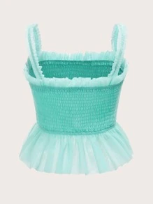 SHEIN MOD Frill Trim Shirred Ruffle Hem Wide Strap Top - Mint Green - View 2