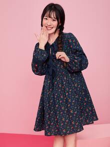 SHEIN LUNE 前結飾小碎花娃娃洋裝 - 藏蓝色 - 查看 5