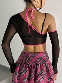 SHEIN ICON Contrast Binding Asymmetrical Neck Tie Back Mesh 2 In 1 Top - Black - View 2