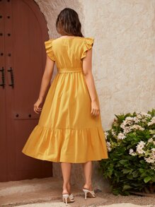 SHEIN Maternity Ruffle Sleeve Flounce Hem Belted Dress - Mustard Yellow - View 2