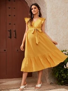SHEIN Maternity Ruffle Sleeve Flounce Hem Belted Dress - Mustard Yellow - View 4