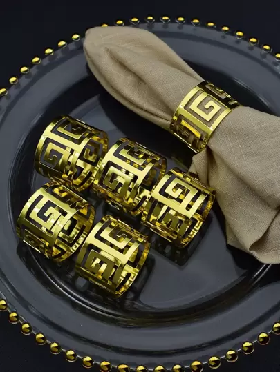 Anillo de servilleta hueco de 6 piezas, anillo de servilleta de diseño geométrico de hierro minimalista para mesa de cena