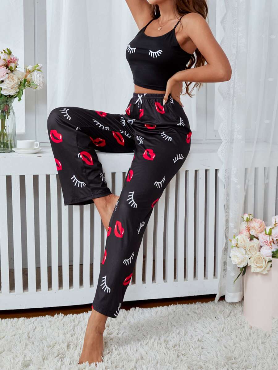 Conjunto de pijama con estampado de pestañas y labios, con lazo delantero - Negro - Ver 1