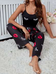 Conjunto de pijama con estampado de pestañas y labios, con lazo delantero - Negro - Ver 4