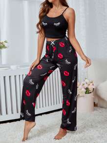 Conjunto de pijama con estampado de pestañas y labios, con lazo delantero - Negro - Ver 5