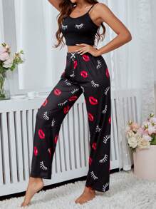 Conjunto de pijama con estampado de pestañas y labios, con lazo delantero - Negro - Ver 6