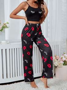 Conjunto de pijama con estampado de pestañas y labios, con lazo delantero - Negro - Ver 7