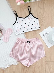 Girls Heart & Letter Graphic Contrast Binding Bow Front Satin PJ Set - Multicolor - View 1