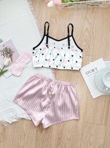 Girls Heart & Letter Graphic Contrast Binding Bow Front Satin PJ Set - Multicolor - View 2