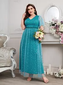 SHEIN Belle Plus Dobby Mesh Butterfly Sleeve Mesh Bridesmaid Dress - Cadet Blue - View 1