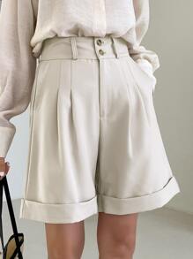 DAZY 高腰捲邊短褲 - 米色 - 查看 7