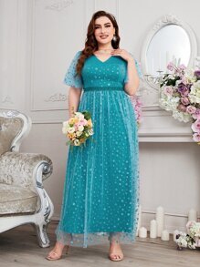 SHEIN Belle Plus Dobby Mesh Butterfly Sleeve Mesh Bridesmaid Dress - Cadet Blue - View 3