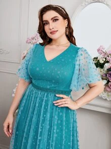 SHEIN Belle Plus Dobby Mesh Butterfly Sleeve Mesh Bridesmaid Dress - Cadet Blue - View 4