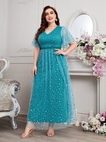 SHEIN Belle Plus Dobby Mesh Butterfly Sleeve Mesh Bridesmaid Dress - Cadet Blue - View 5