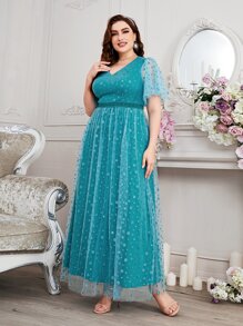 SHEIN Belle Plus Dobby Mesh Butterfly Sleeve Mesh Bridesmaid Dress - Cadet Blue - View 6