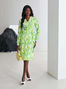 MOTF X Van Gogh INSPIRED 100% SILK SWIRL WRAP DRESS - Lime Green - View 5