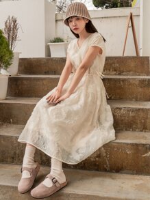 DAZY Jacquard Batwing Sleeve Drawstring Waist Dress - Beige - View 4