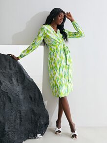 MOTF X Van Gogh INSPIRED 100% SILK SWIRL WRAP DRESS - Lime Green - View 6