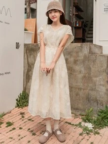 DAZY Jacquard Batwing Sleeve Drawstring Waist Dress - Beige - View 5