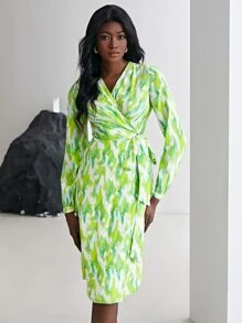 MOTF X Van Gogh INSPIRED 100% SILK SWIRL WRAP DRESS - Lime Green - View 8