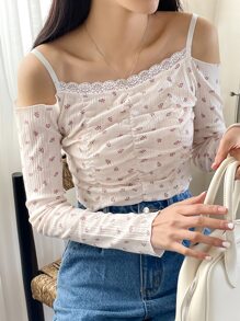 DAZY Fruit Print Eyelet Embroidery Ruched Lace Trim Cold Shoulder Tee - Beige - View 1