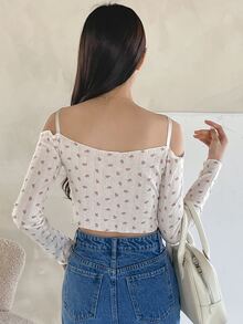 DAZY Fruit Print Eyelet Embroidery Ruched Lace Trim Cold Shoulder Tee - Beige - View 2