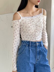 DAZY Fruit Print Eyelet Embroidery Ruched Lace Trim Cold Shoulder Tee - Beige - View 3