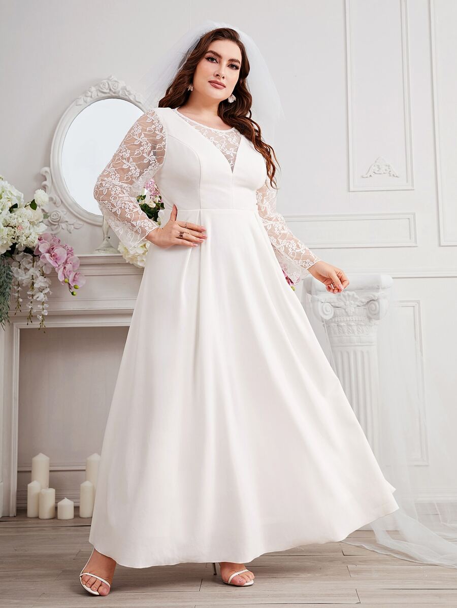 SHEIN Belle Plus Lace Insert Zip Back Wedding Dress Without Veil - White - View 1