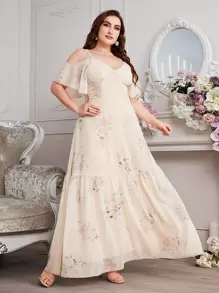 SHEIN Belle Plus Floral Print Cold Shoulder Ruffle Hem Chiffon Bridesmaid Dress - Apricot - View 1