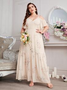 SHEIN Belle Plus Floral Print Cold Shoulder Ruffle Hem Chiffon Bridesmaid Dress - Apricot - View 3