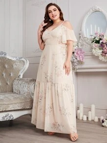 SHEIN Belle Plus Floral Print Cold Shoulder Ruffle Hem Chiffon Bridesmaid Dress - Apricot - View 6