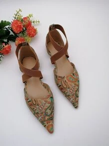 Paisley Graphic Point Toe Cross Strap Flats - Multicolor - View 1