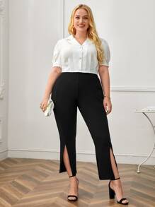 SHEIN Clasi Plus Split Hem Flare Leg Trousers - Black - View 3