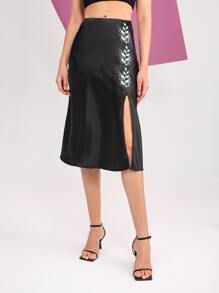 KARISSA SCHNEIDER Plant Embroidered Satin Slit Skirt - Black - View 2