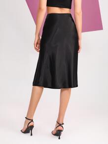 KARISSA SCHNEIDER Plant Embroidered Satin Slit Skirt - Black - View 3