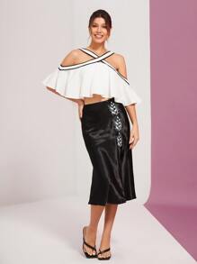 KARISSA SCHNEIDER Plant Embroidered Satin Slit Skirt - Black - View 5