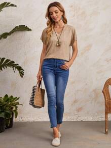 EMERY ROSE V領蝙蝠袖素色T恤 - 卡其色 - 查看 4